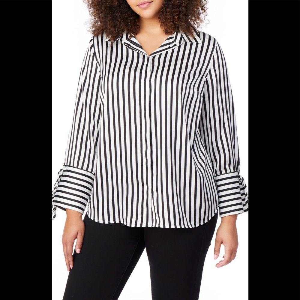 REBEL WILSON X ANGELS
Tie Sleeve Print Shirt In White Uptown Stripe Size 2x